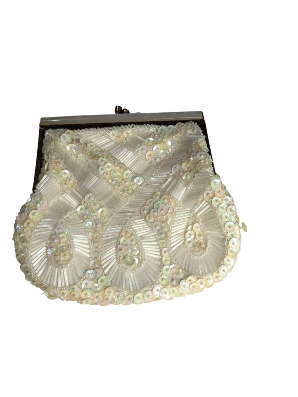 Vintage Beaded Sequin Evening Purse Hand Made In Hong Kong Ivory Iridescent 6”